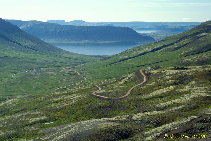 Iceland-1998-61.jpg - Scenic road at Meðalnsesfjall - overloking the north-east end of Arnarfjörður